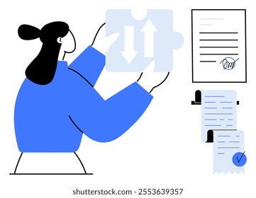 Person holding a puzzle piece with arrows, representing collaboration. Documents with signature and checkmarks highlight agreements. Ideal for teamwork, business deals, contracts, partnerships