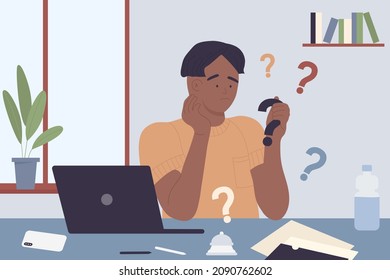 Person holding question mark in hand vector illustration. Cartoon young man with puzzled face sitting at desk with laptop, student thinking about answer, boy asking himself about future plan and ideas