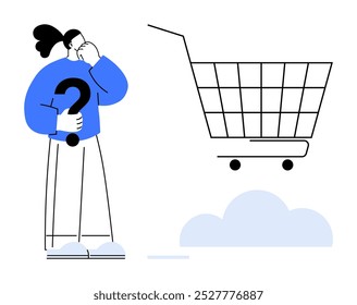 Pessoa segurando um ponto de interrogação, ponderando ao lado de um carrinho de compras. Ideal para e-commerce, tomada de decisão, negócios de varejo, compras on-line, comportamento do consumidor. Arte vetorial simples com estilo minimalista