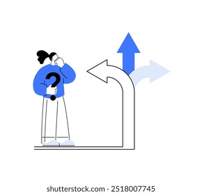 A person holding a question mark stands before three arrows pointing in various directions. Ideal for decision making, problem solving, career choice, strategy planning, and personal growth. Simple