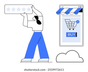 Person holding a rating bar next to a smartphone with a shopping cart and buy button. Ideal for e-commerce, customer reviews, online purchases, mobile app usage, user experience. Modern, minimalist