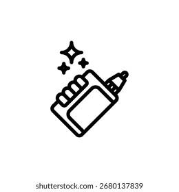 Pessoa segurando um dispositivo retangular com um bocal e cintilações estrela ilustrado em um simples desenho de linha preto e branco, criando uma sensação limpa e moderna ideal para ícones e desenhos minimalistas.