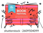 Person holding red book in hands and reading. Vector hand drawn sketch illustration. Book festival banner poster. Learning and education concept. Library or bookstore design elements