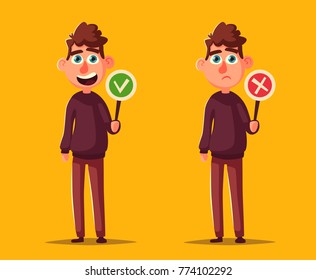 Persona sosteniendo carteles correctos y erróneos. Ilustración vectorial de dibujos animados