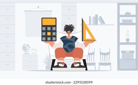 The person is holding a ruler and a calculator, learning subject. Trendy style, Vector Illustration