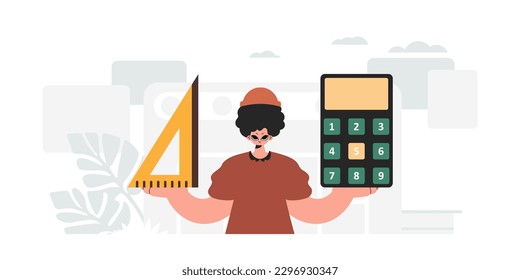 The person is holding a ruler and a calculator, learning subject. Trendy style, Vector Illustration