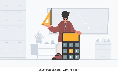 The person is holding a ruler and a calculator, learning subject. Trendy style, Vector Illustration