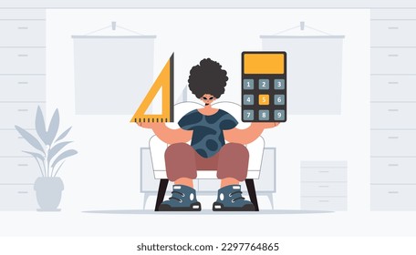 The person is holding a ruler and a calculator, learning subject. Trendy style, Vector Illustration