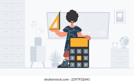 The person is holding a ruler and a calculator, learning subject. Trendy style, Vector Illustration