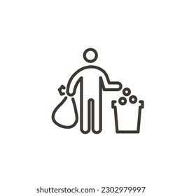 Person holding a sack of trash and throwing rubbish in dustbin. Vector thin line icon for community cleanup