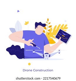 Person holding screwdriver and tablet computer or controller and building quadrotor. Concept of drone construction, quadcopter assembling, innovative hi-tech device. Modern flat vector illustration.