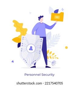 Person Holding Shield And Folder Or Dossier. Concept Of Company Personnel Security, Corporate Policies Of Screening Job Candidates, Hiring Control Process. Modern Flat Vector Illustration For Banner.