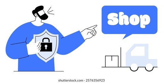 A person holding a shield with a padlock points to a speech bubble with the word Shop next to a truck with boxes. Ideal for online security, e-commerce, delivery safety, shopping, business