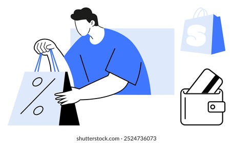 A person holding a shopping bag with a discount symbol, another bag in the background, and a wallet with a credit card. Ideal for e-commerce, shopping, discounts, online payment, and retail themes