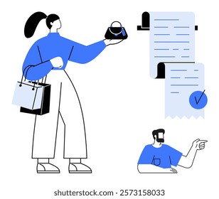 A person holding a shopping bag and purse and a figure pointing at a large receipt. Ideal for online shopping, retail transactions, e-commerce, expense management, and payment methods. Clean, modern