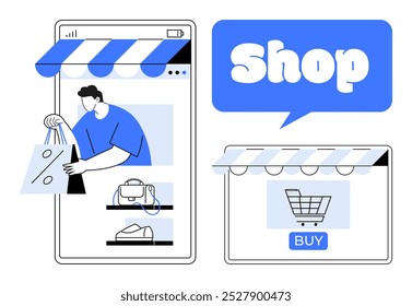 A person holding shopping bags next to a mobile screen showing store items like handbags and shoes, plus a desktop screen with a shopping cart button and a Shop sign. Ideal for online shopping