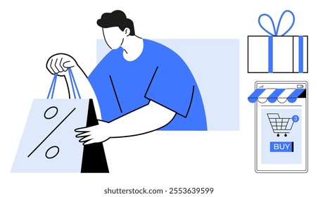 Person holding shopping bags showing online shopping and discounts Gift box and smartphone with a buy button next to them Ideal for e-commerce, online shopping, retail promotions, sales