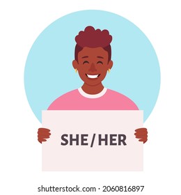 Person holding sign with gender pronouns. She, he, they, non-binary. Gender-neutral movement. Vector illustration