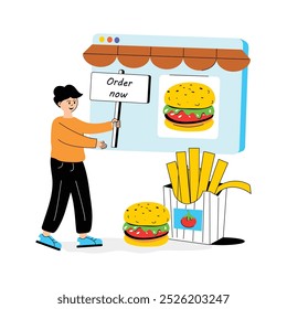 A person holding a sign promoting online ordering of burgers and fries.