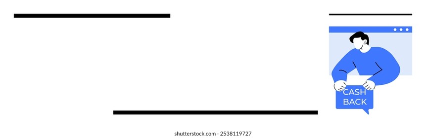 A person is holding a sign with the text Cash Back in a web page window. The background includes minimal black lines. Ideal for cashback offers, online shopping, marketing, promotions