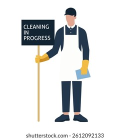 A person holding a sign that reads "CLEANING IN PROGRESS."