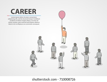 Person Holding Small Air Balloon On Raised Hand While Flying Up And People Crowd Around Looking At Him. Career Concept. Vector Illustration