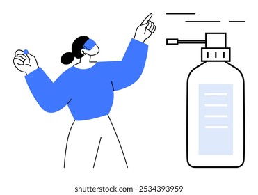 Person holding small bottle with one hand and pointing to large pump bottle with the other hand. Ideal for hygiene, health promotion, sanitation routines, cleanliness campaigns, and public health