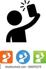 Person holding a smart phone taking a selfie icon