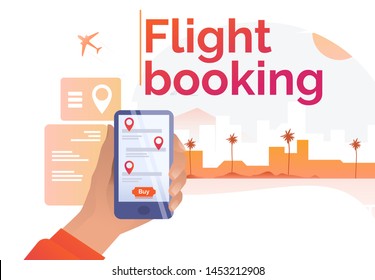 Person holding smartphone with buy button on screen. Vacation, trip, travel. Flight booking concept. Vector illustration can be used for landing pages or website design