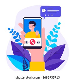 Person holding smartphone and calling via video chat mobile app flat vector illustration. Cute man waving by hand from telephone screen. Digital technology and communication concept.