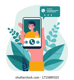 Person holding smartphone and calling via video chat mobile app flat vector illustration. Cute man waving by hand from telephone screen. Digital technology and communication concept.