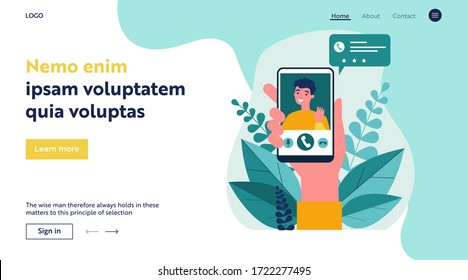 Person holding smartphone and calling via video chat mobile app flat vector illustration. Cute man waving by hand from telephone screen. Digital technology and communication concept.