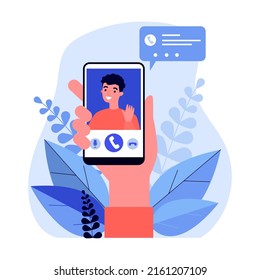 Person holding smartphone and calling via video chat mobile app flat vector illustration. Cute man waving by hand from telephone screen