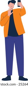 Person Holding Smartphone Character with Smile Expression. Flat Vector Illustration