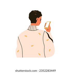 Person holding smartphone, looking at mobile screen. Reading news, messages on cell phone display, back view. Smiling man using cellphone. Flat vector illustration isolated on white background