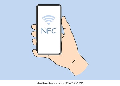 Person holding smartphone with NFC on screen. Near field communication technology on mobile phone. NFC payment with cellphone. Flat vector illustration. 