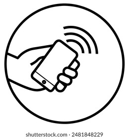 Person holding smartphone with NFC on screen. Near field communication, NFC payment with mobile phone. Doodle drawing vector illustration isolated on white background.