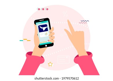 Person holding smartphone with open internet application for e-purchasing. Man buying a plane ticket. Buying from home, services and electronic payments concept. Flat style design.Vector illustration.