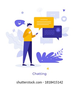 Person holding smartphone and sending messages. Concept of chatting, online messaging, application for internet conversation, digital communication. Modern flat vector illustration for banner, poster.