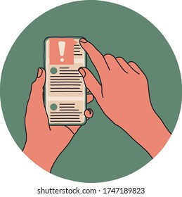 A Person Holding A Smartphone In Their Hands And Scrolling A Social Media Feed. The User Is Reporting The Post To The Moderator As Fake News Or Misinformation. Cartoon Style Flat Vector Illustration