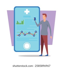 Person holding smartphone while examining health data presented on large screen. Graphs and statistics, reflecting health metrics and trends