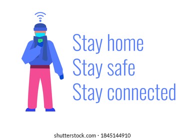 Person Holding A Smartphone In Winter Isolated Concept: Stay Home Stay Safe Stay Connected Text. Social Distancing Lockdown Corona Virus Covid-19 Measures Against The Pandemic For Print And Web