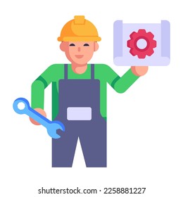 Person holding spanner and screwdriver, flat icon of mechanic