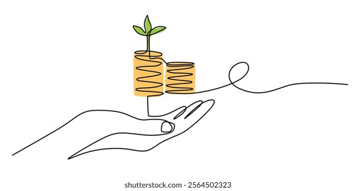 A person holding a stack of coins, symbolizing wealth accumulation and financial stability. One line drawing for business and finance concepts. Vector illustration hand drawn.