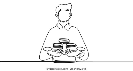 A person holding a stack of coins, symbolizing financial stability and wealth accumulation. One line drawing for finance and business concepts. Vector illustration hand drawn.