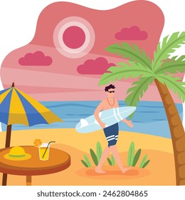 Person holding surfboards and preparing to surf concept, Taking  walk at beach vector colorful design, Nature and landscape postcard, Scenic Summer Season Vibes Sign, Idyllic Remote stock illustration