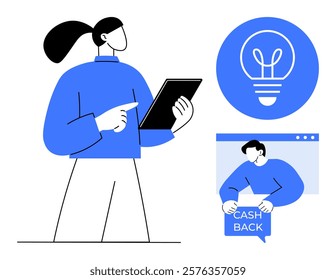 Person holding a tablet alongside a light bulb icon and another figure interacting with cashback text suggests technology, idea generation, and online finance. Ideal for digital marketing, online