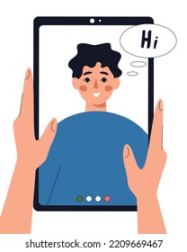 Person holding tablet and communicating via internet. Hands and smartphone close up. Diverse online conversations, virtual video meeting at distance. Vector flat illustration.