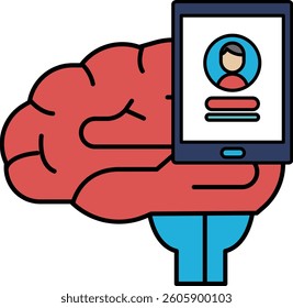A person holding a tablet in front of a brain. The brain is red and blue