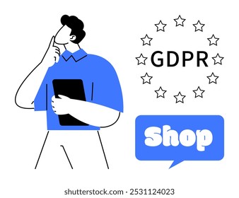 A person holding a tablet, with GDPR text encircled by stars and a speech bubble containing the word Shop. Ideal for online security, data protection, digital shopping, regulations, and compliance